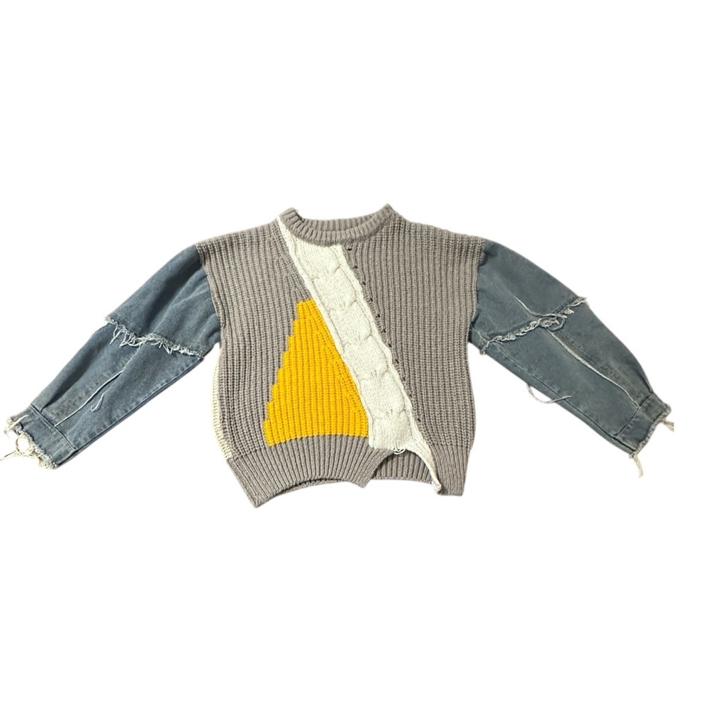 Boutique Patchwork Knit Sweater w/ Denim Sleeves | Small